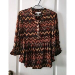 NEW‎ DIRECTION Women's Blouse Chevron Print V-Neck Roll Tab Sleeve Stretch Sz PM
